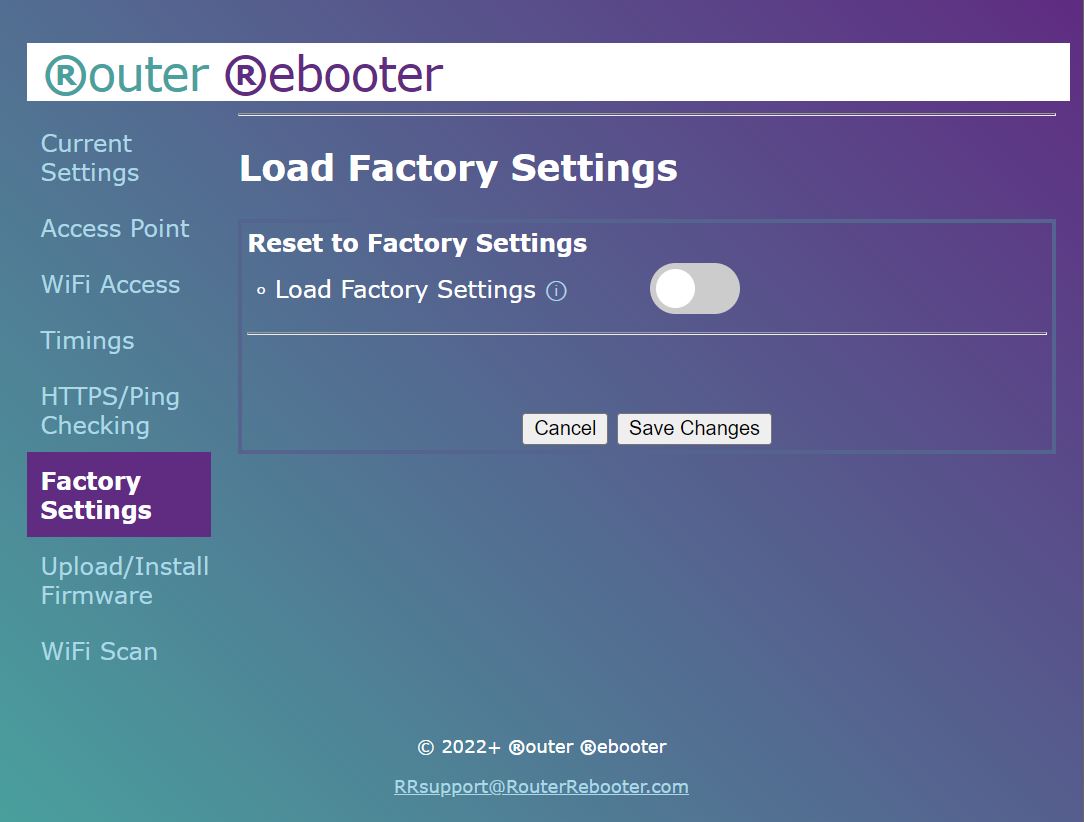 Router Rebooter Factory Settings Menu